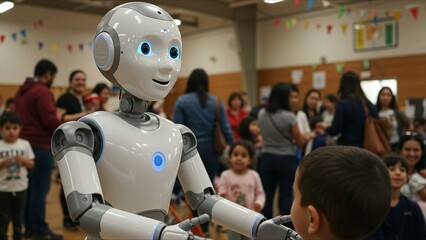 Robot engaging with excited children at an event