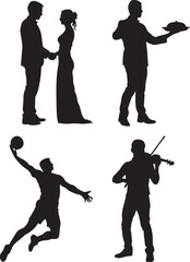 Naklejka premium Set of Silhouettes of people engaged in various activities like dancing playing sports and music