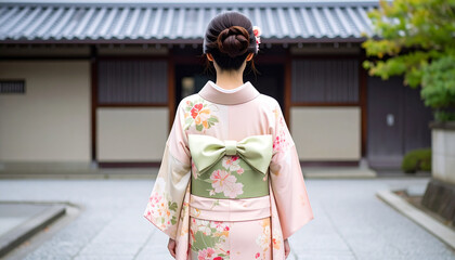 Woman in a traditional Japanese kimono stands in front of a temple.