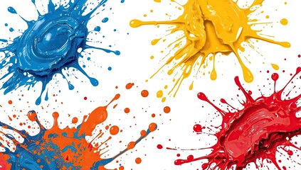Dynamic artwork featuring vibrant, abstract paint splashes in various colors against a clean white background, portraying an energetic and creative visual aesthetic with vivid primary hues and a...