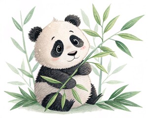 Adorable Watercolor Baby Panda Holding Bamboo Branches Among Lush Greenery
