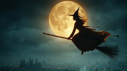 Halloween concept, witch flying broom against backdrop full moon. - Powered by Adobe