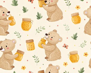 Adorable Baby Bears Delight in Sweet Honey Jars Surrounded by Gentle Greenery and Tiny Flowers a Whimsical Woodland Nursery Design