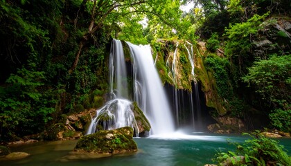 Obraz premium Serene cascading water feature surrounded by lush green foliage