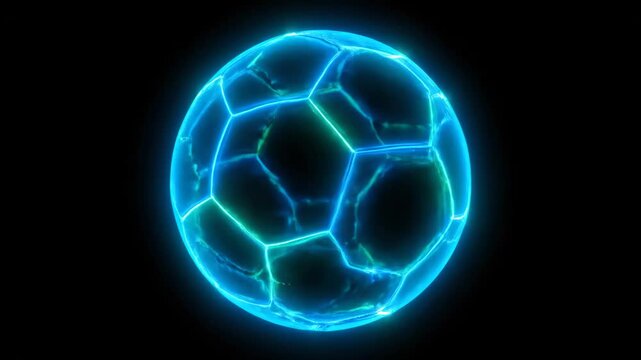 Glowing Futuristic Soccer Ball on Black - A digital video of a futuristic soccer ball is shown, glowing with blue and green light against a black background. The ball has a segmented appearance.