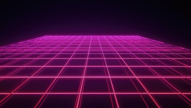 Illuminated glowing magenta grid, presented as an isometric perspective, stretches into the distance against a dark backdrop creating a striking visual display.
