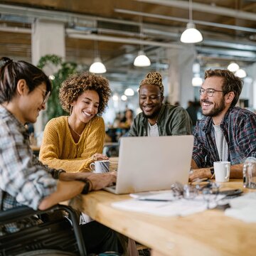 Candid scene of diverse coworkers collaborating over laptop in inclusive office space