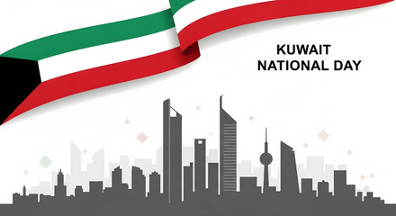 Kuwait National Day celebration with a waving flag and a silhouette of the modern city skyline against a white background.