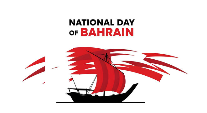 National Day of Bahrain celebration featuring a traditional dhow boat with red sails against a white background.