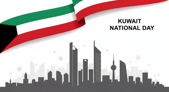 Kuwait National Day celebration with a waving flag and a silhouette of the modern city skyline against a white background.