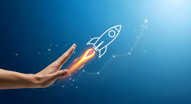 Hand reaching towards a rocket launching upwards, symbolizing growth and future success