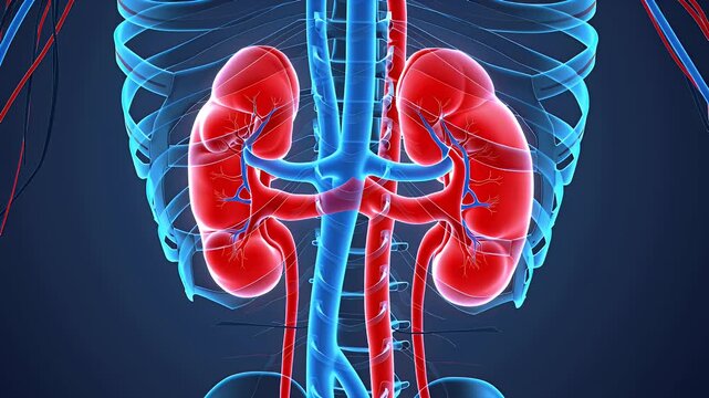 Detailed three-dimensional medical illustration showing human kidneys, major arteries, and urinary tract system