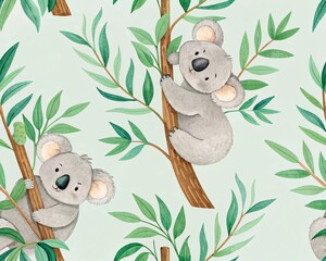 Enchanting Watercolor Pattern of Adorable Koalas Climbing Eucalyptus Trees in a Gentle Green Forest