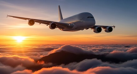 Airplane flying above clouds at sunset.