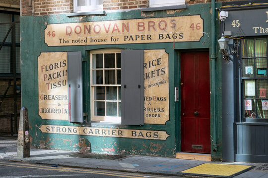 LONDON, UK - SEPTEMBER 16, 2018:  Donovan Bros paper bags shop in Crispin Street in the Spitalfields area