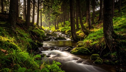 Serene landscape with a river flowing through a lush, green forest