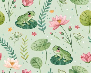 Adorable Watercolor Frog and Lotus Pond Pattern with Delicate Aquatic Flora