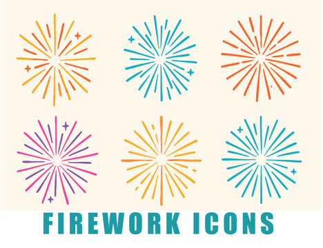 Firework Icon Set: A collection of vibrant, stylized fireworks burst with energy and color, perfect for adding a touch of celebration and excitement to any design.