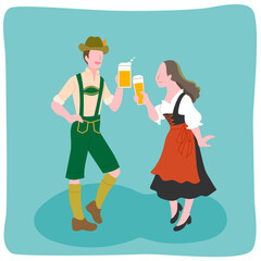 Vector illustration of a man and woman wearing traditional German costumes toasting with beer at Oktoberfest, flat design
