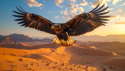 Majestic bird of prey soaring above sandy desert
