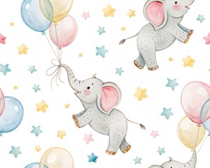 Whimsical Watercolor Elephants Dancing with Colorful Balloons and Twinkling Stars
