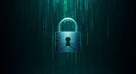 Secure digital padlock with binary code rain, symbolizing cybersecurity, data protection, and online privacy in the digital age