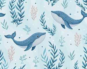 Charming Whales and Aquatic Plants Forming a Delightful Ocean Scene Pattern