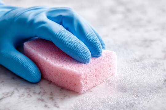 Hand in blue glove holding pink sponge on pastel pink background close-up.