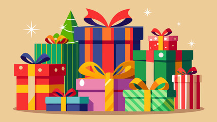 Colorful stack of christmas presents and a small decorated tree