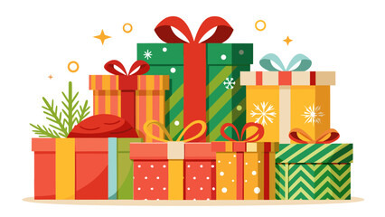 Pile of colorful christmas gift boxes with ribbons and festive decorations