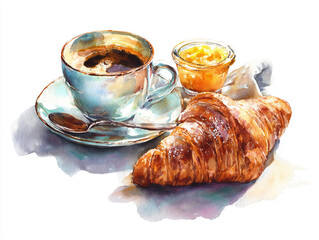 watercolor Illustration, breakfast with coffee and croissant.