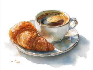 watercolor Illustration, breakfast with coffee and croissant.