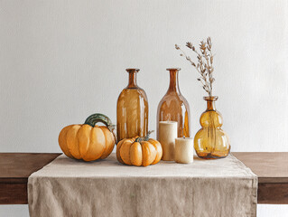 Watercolor Painting of pumpkins, beige table runner, amber vases, and candles on a simple wooden dining table.