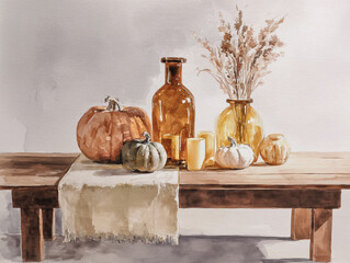 Watercolor Painting of pumpkins, beige table runner, amber vases, and candles on a simple wooden dining table.