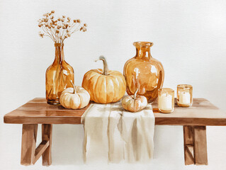 Watercolor Painting of pumpkins, beige table runner, amber vases, and candles on a simple wooden dining table.