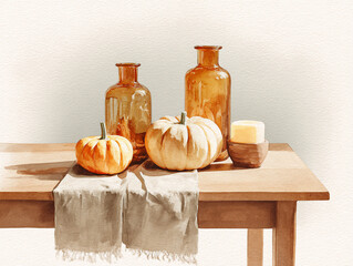 Watercolor Painting of pumpkins, beige table runner, amber vases, and candles on a simple wooden dining table.
