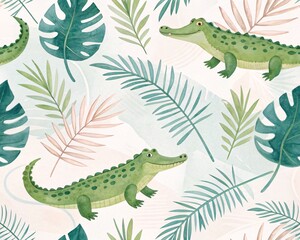 Adorable Green Alligators Seamless Pattern Featuring Tropical Jungle Leaves and Botanical Elements