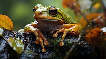 A small, brightly colored frog with large eyes perches on a wet branch amidst autumn leaves.