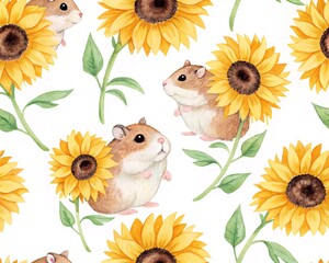 Adorable Hamster Friends Among Blooming Sunflowers A Delightful Watercolor Pattern for Joyful Creations