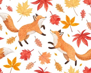 Adorable Watercolor Foxes Dancing Among Falling Autumn Leaves A Whimsical Woodland Creature Design