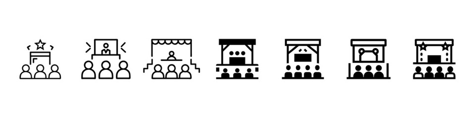 Set of audience, stage, event, presentation, seminar line icons for conferences, Public Speech, Audience, Stage, Award Ceremony Outline Vector Icons for Seminar, Leadership