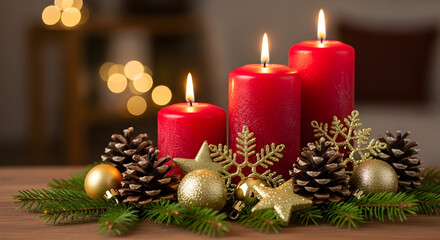 A festive Christmas centerpiece with three burning red candles, pinecones, and golden ornaments on a wooden table.