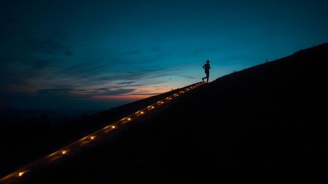 Silhouette of a person standing at the top of illuminated stairs during twilight, symbolizing ambition, success, and determination against a serene dawn sky, ideal for motivation and inspiration conce