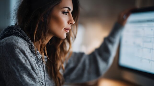 Focused woman reviewing digital calendar on computer screen working late at home - Powered by Adobe