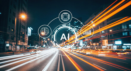 AI Technology in Urban Landscape: Futuristic Cityscape with Artificial Intelligence Integration, Data Analysis, and Smart City Concepts for Innovation