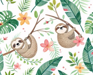 Whimsical Watercolor Cute Sloth Friends Hanging Out Among Tropical Leaves and Flowers Seamless Pattern Design