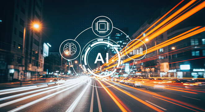 AI Technology in Urban Landscape: Futuristic Cityscape with Artificial Intelligence Integration, Data Analysis, and Smart City Concepts for Innovation