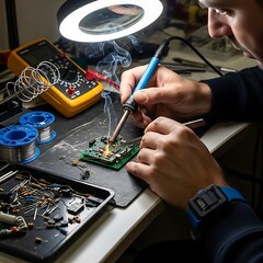 Obraz premium Electronics Repair - A Technician Soldering a Circuit Board Under Magnifying Light.