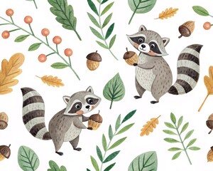 Charming Watercolor Woodland Creatures Pattern Featuring Adorable Raccoons Holding Acorns Amongst Autumn Leaves and Berries
