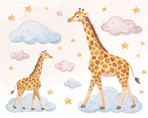 Adorable Watercolor Giraffes with Stars and Clouds Cute Animal Pattern Design for Nursery Decor and Childrens Art